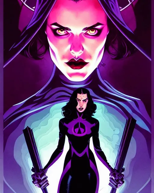 Image similar to rafael albuquerque comic cover art, artgerm, joshua middleton, pretty stella maeve witch doing black magic, serious look, purple dress, symmetrical eyes, symmetrical face, long black hair, full body, twisted evil dark forest in the background, cool colors