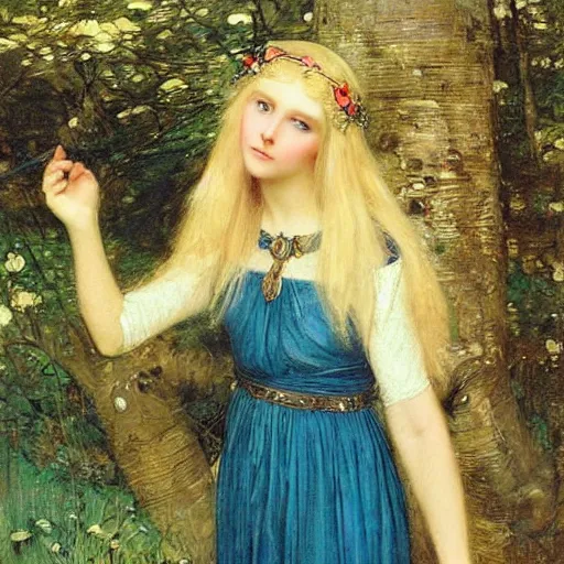 Image similar to portrait of a blue eyed, blonde haired crowned queen of summer with light elvish overtones and a forest background by John WIlliam Waterhouse