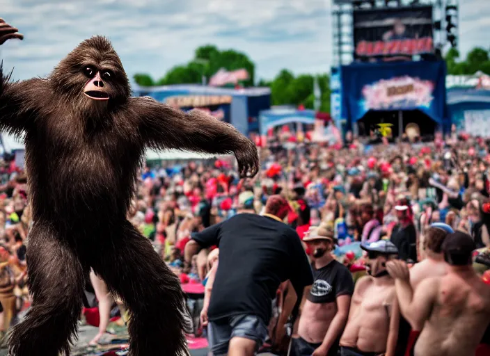 Image similar to photo still of sasquatch on stage at vans warped tour!!!!!!!! at age 4 8 years old 4 8 years of age!!!!!!! throwing rocks and berries at the crowd, 8 k, 8 5 mm f 1. 8, studio lighting, rim light, right side key light