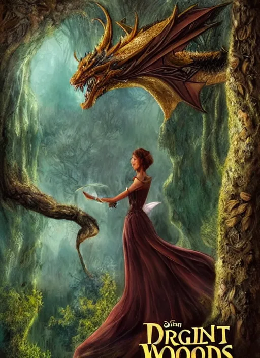 Prompt: movie poster, fantasy, kingdom in the woods, dragons, detailed profile of a beautiful woman, fairies, magical, enchanting, nostalgic, by john alvin,