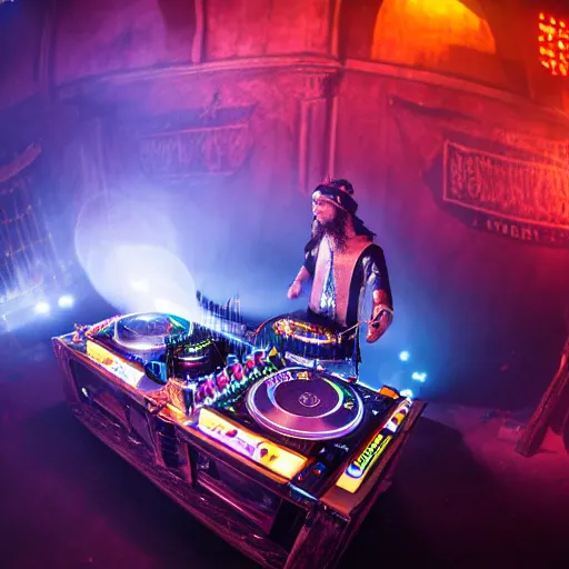 Image similar to photograph of a dubstep dj djing during an medieval party, 8 k resolution, high detail