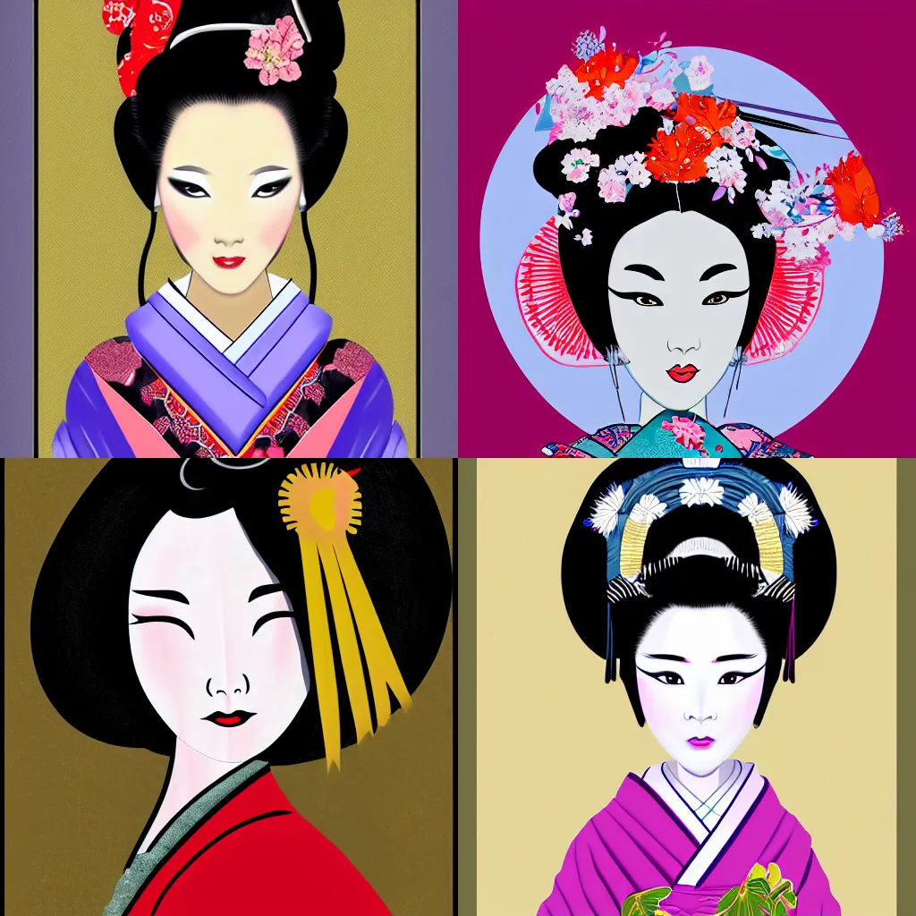 Prompt: digital painting of beautiful geisha in the style of [ style ]