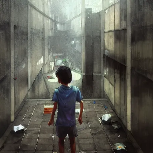 Image similar to a boy playing in a hdb void deck, by greg rutkowski