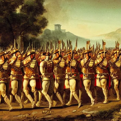 Prompt: painting of roman soldiers marching to rome