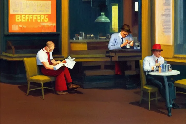 Prompt: william birkin reading a newspaper at a cafe. a waiter is pouring coffee. painting by edward hopper, 3 d rendering by beeple, 8 k, comfy