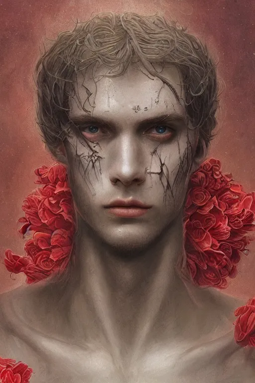 Prompt: portrait of beautiful gothic young man, thunderstorm, cyber armor, a lot of scars, more and more flowers, red head, the middle ages, highly detailed, artstation, illustration, art by jean delville, 8 k quality, art by greg gandy and dragan bibin