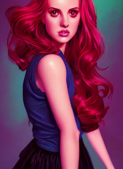 Image similar to full body portrait of teenage cheryl blossom, bangs, green eyes, sultry expression, red hair, sultry smirk, bangs and wavy hair, pink skirt, intricate, elegant, glowing lights, highly detailed, digital painting, artstation, concept art, smooth, sharp focus, illustration, art by wlop, mars ravelo and greg rutkowski