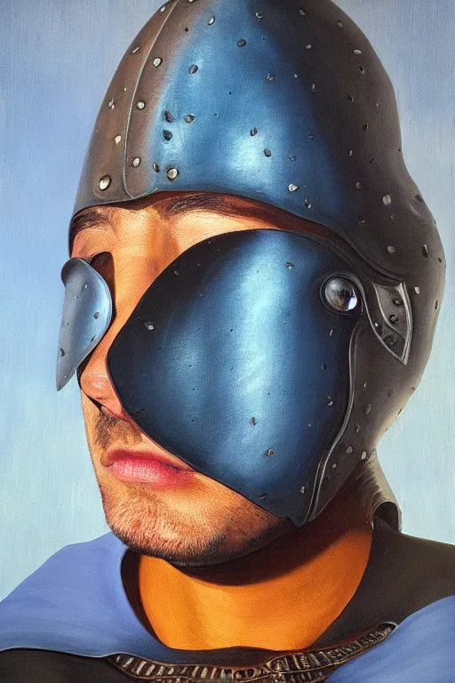 Image similar to hyperrealism oil painting, close - up portrait of face hiding in stingray medieval fashion model, knight, steel gradient mixed with nebula sky, in style of baroque mixed with 7 0 s book art