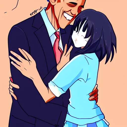 Prompt: a digital drawing of Barack Obama hugging his anime waifu, trending on Pixiv, set on afternoon