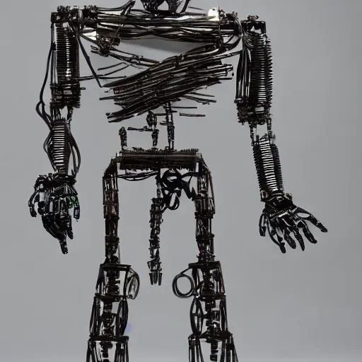 Image similar to humanoid robot made of old broken parts and wires, hyper realistic, high quality, high resolution