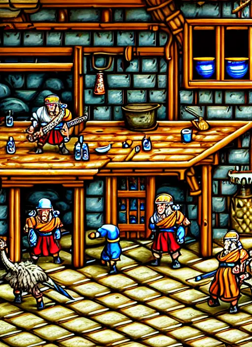 Prompt: a photo-realistic richly detailed color  illustration beautifully depicting a tavern in a fortress, in a fortress from the universe of the video game Dwarf Fortress, an insane ostrich rampages in the tavern while the patrons struggle to defend themselves because they wanted to calm down the ostrich because they knew it was the ostrich of the King, class and masterfully painted on glass by Akira Toriyama and Mina Petrovic, Range Murata, Katsuhiro Otomo, Yoshitaka Amano, and Artgerm. 3D shadowing effect, 8K resolution, 3D shadowing effect, ultra ornate detail, digital Provio, intricate details.