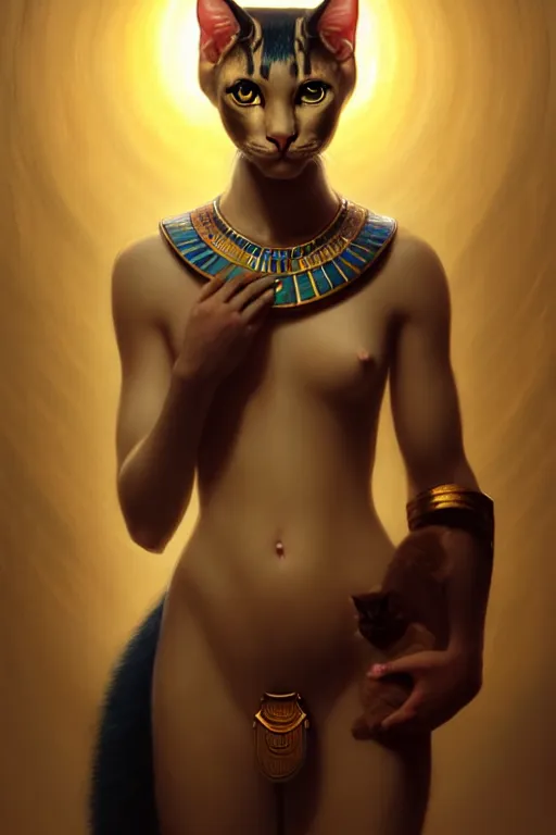 Image similar to softly lit portrait of the beautiful egyptian goddess, bastet, bast, woman / cat hybrid, soft torchlight in an egyptian tomb, digital art by ruan jia and mandy jurgens and artgerm and william - adolphe bouguereau, highly detailed, trending on artstation, award winning,