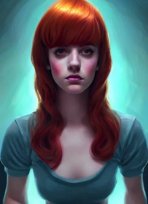 Image similar to full body portrait of teenage cheryl blossom, bangs, green eyes, mischievous expression, red hair, sultry smirk, bangs and wavy hair, intricate, elegant, glowing lights, highly detailed, digital painting, artstation, concept art, smooth, sharp focus, illustration, art by wlop, mars ravelo and greg rutkowski