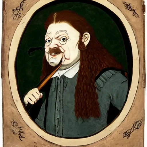 Image similar to a realistic 1 7 th century portrait of harry potter, a man with scottish features and exceptionally large bagpipes wearing quilts and wielding a wand. very pale, with a large pointy nose. hagrid in the background and hedwig on his shoulder