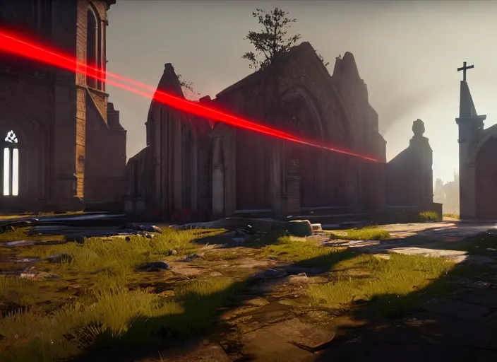 Image similar to ancient church with red shafts of light in destiny 2, foggy, liminal, dark, dystopian, beautiful architecture, abandoned, highly detailed 4 k 6 0 fps in - game destiny 2 gameplay screenshot leak