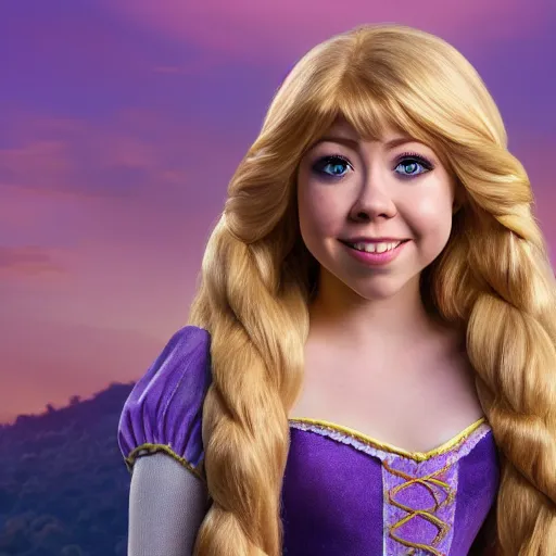 Image similar to Jennette McCurdy as Rapunzel in disney tangled live action, 8k full HD photo, cinematic lighting, anatomically correct, oscar award winning, action filled, correct eye placement,