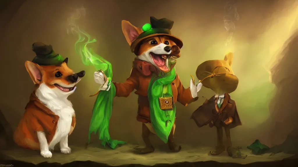 Image similar to An anthropomorphic corgi with a smoking pipe and a green scarf around his neck dressed as a wandering salesman in a fantasy setting, dreamscape, dramatic lighting, fantasy art illustration, trending on artstation, Aetherpunk