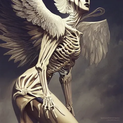 Image similar to white and gold skeleton with angel wings, dark, intricate, highly detailed, smooth, artstation, digital illustration by Ruan Jia and Mandy Jurgens and Artgerm and Wayne Barlowe and Greg Rutkowski and Frank Frazetta