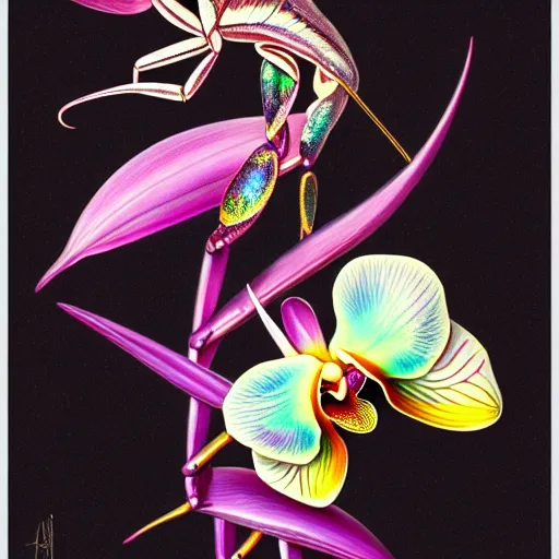 Prompt: majestic colorful orchid mantis enamel by leon bakst and yoshitaka amano, cloisonne, iridescent, black opals, beautiful hyperdetailed art nouveau orchids, ultrasharp photorealistic octane render