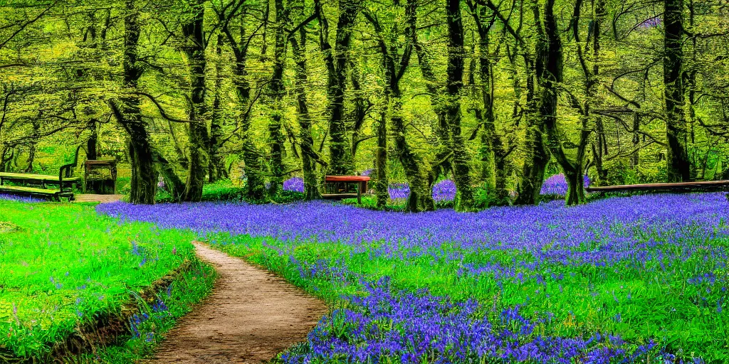 Image similar to scenery wallpaper, stylized, unsettling, and brilliantly colorful, haunted, dream-like, emotional, dramatic, romantic landscape, a park filled with banks of bluebell flowers and a couple benches, containing a lake surrounded by a cobblestone walking path and crossed by a big beautiful sinuous bridge, a few small shops here and there