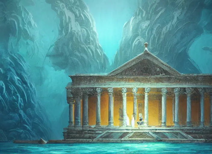 Image similar to underwater temple, water, ocean, sea, fish, palladian, illustration, concept art, digital art, colorful, light blue