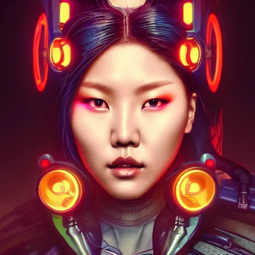 Image similar to portrait painting of cyberpunk hwasa mamamoo as a street doctor with a halo, ultra realistic, concept art, intricate details, eerie, highly detailed, photorealistic, octane render, 8 k, unreal engine. art by artgerm and greg rutkowski and magali villeneuve and alphonse mucha