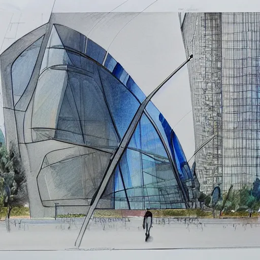 Prompt: modern beautiful Saha Hadid building with lots of glass and cured surfaces, hypermaximalistic, pencil sketch on paper and watercolour