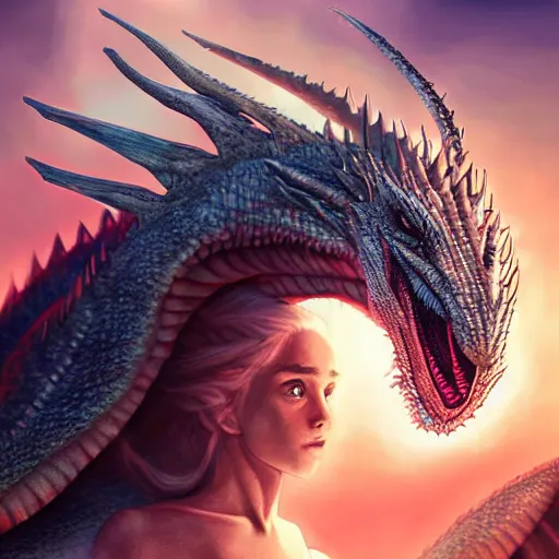 Image similar to Daenerys Targaryen riding a dragon, digital art, epic lighting, stunning colors