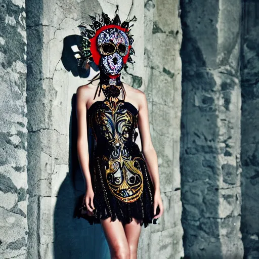 Image similar to valentino resort ss 2 0 1 7 dress with ornate mask headpiece, model lounging by cybernetic ancient ruins