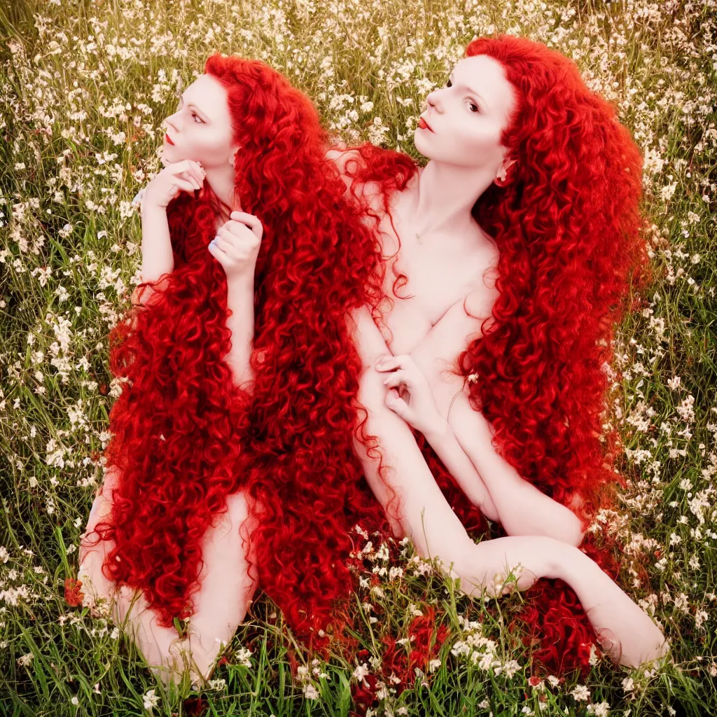 Prompt: a portrait photography of one beautiful woman with red long curly hair and full body dress in red by Flora Borsi, sitting in a spring garden, soft 4sunset lighting, pastel colors scheme, fine art photography, dramatic backgroung, 50 mm sigma art