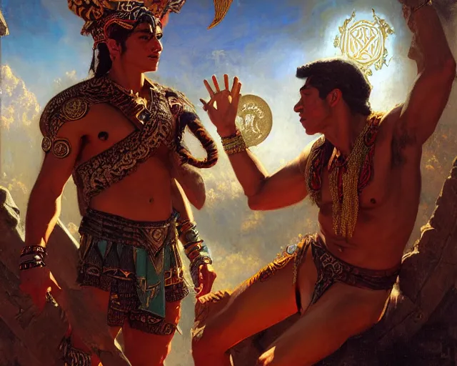 Image similar to attractive male aztec deity, casting aztec magic, summoning handsome panther night star. highly detailed painting by gaston bussiere, craig mullins, j. c. leyendecker 8 k