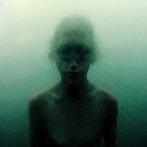 Image similar to sea monster about to eat pov underwater, pale skin, dark yellowish water, foggy water, dark, dramatic,'silent hill ', big eyes, alluring and terrifying, cinematic