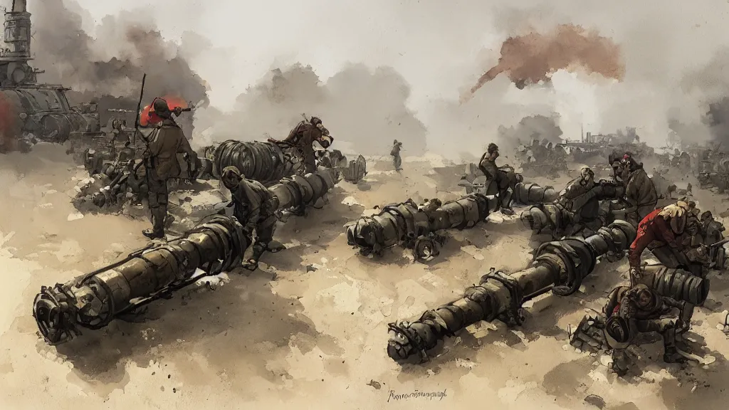 Image similar to artillerist group loading artillery shells into a cannon, rule of thirds, watercolored, jakub rozalski, dark colours, dieselpunk, artstation