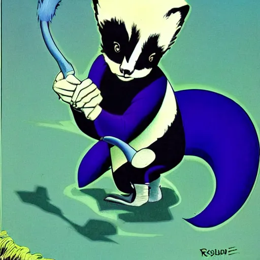 Image similar to a skunk that is blue by richard corben style