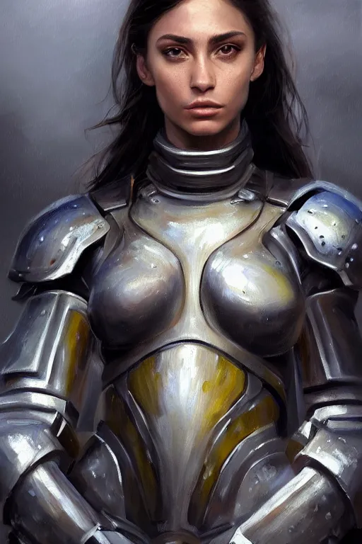 Image similar to a sharply detailed, photorealistically painted portrait of an attractive young female, partially clothed in sci-fi battle armor, with an abstractly painted background, flawless olive skin, fair complexion, long dark hair, beautiful bone structure, perfectly symmetric facial features, perfect photorealistic eyes, natural physique, intricate, elegant, digital painting, concept art, finely detailed, beautifully illustrated, sharp focus, minimal artifacts, volumetric lighting, from Halo, by Ruan Jia and Mandy Jurgens and Artgerm and William-Adolphe Bouguerea, in the style of Greg Rutkowski, trending on Artstation, award winning art