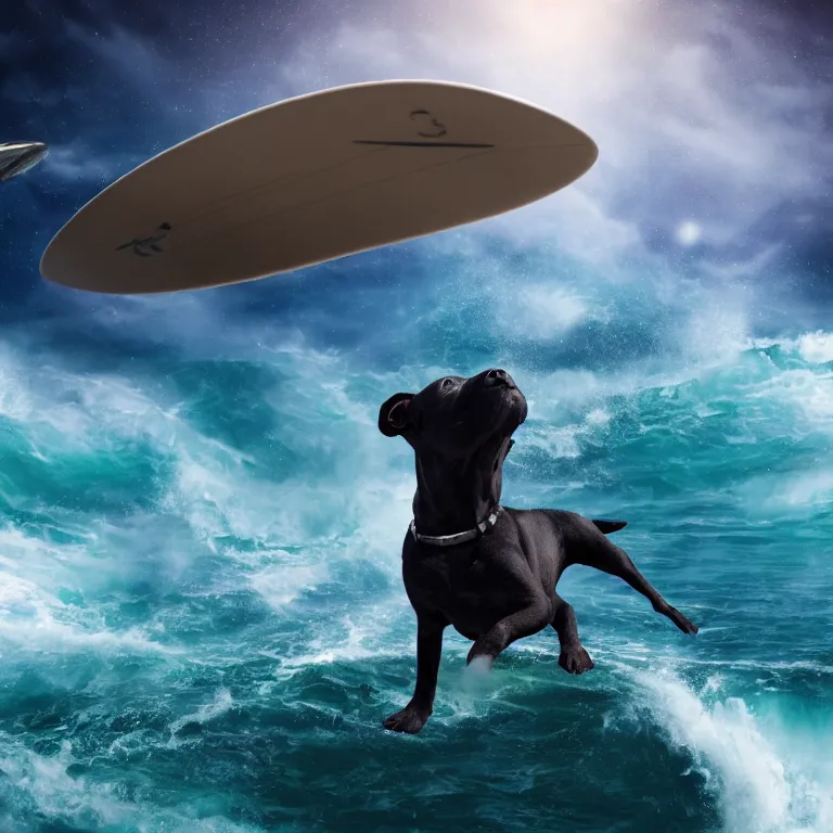 Image similar to photo of a dark charcoal coat pit bull with a white paws, surfing on a surfboard in a crashing wave of alien ocean in space, background is an alien galaxy, matte, aliens in the background, alien colors, octane render, unreal engine, wide view, 8 k, high detaild