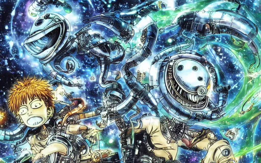 Prompt: complex alien technology that can create a portal, used to travel to different dimensions by eiichiro oda and alfred parsons