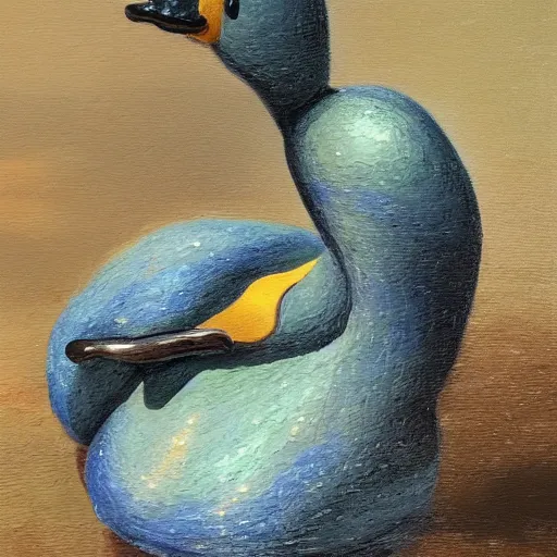 Image similar to a sculpture of duck made of water, a painting in background, studio lighting