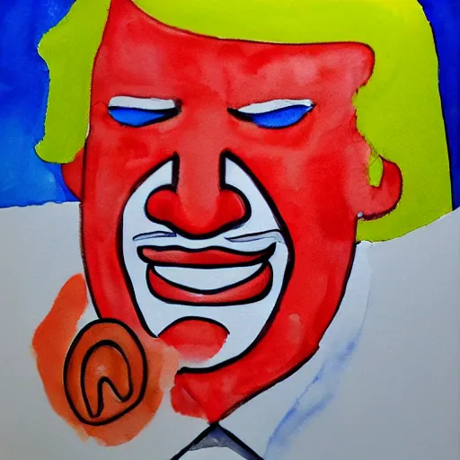 Image similar to donald trump as sad ronald mcdonald holding paper bag, watercolor, vignette