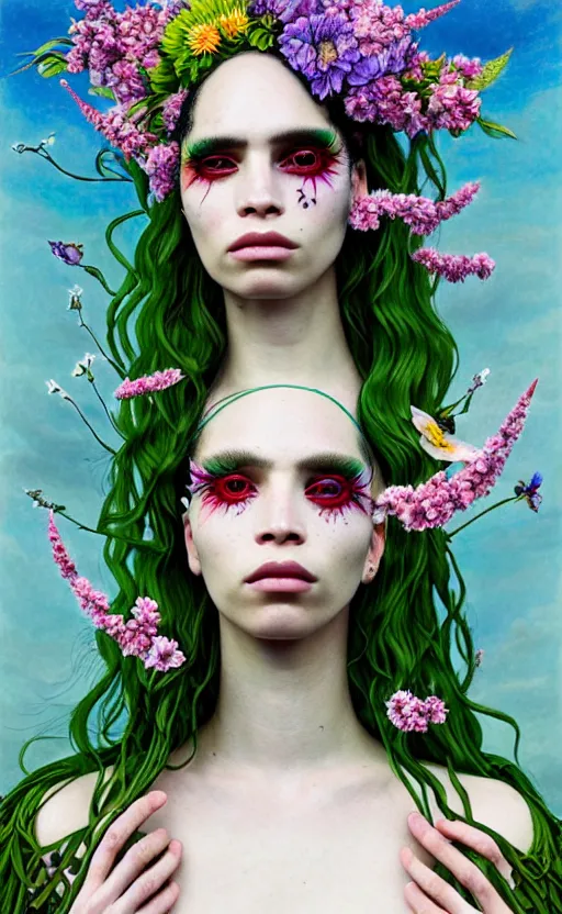 Prompt: the non-binary deity of Spring, 1 figure only, looks a blend of Grimes, Lana Del Rey, Aurora Aksnes, and Zoë Kravitz, it is made entirely out of flora and fauna, in a style combining Botticelli, Möbius and Æon Flux, surrealism, stunningly detailed artwork, hyper photorealistic 4K, stunning gradient colors, very fine inking lines
