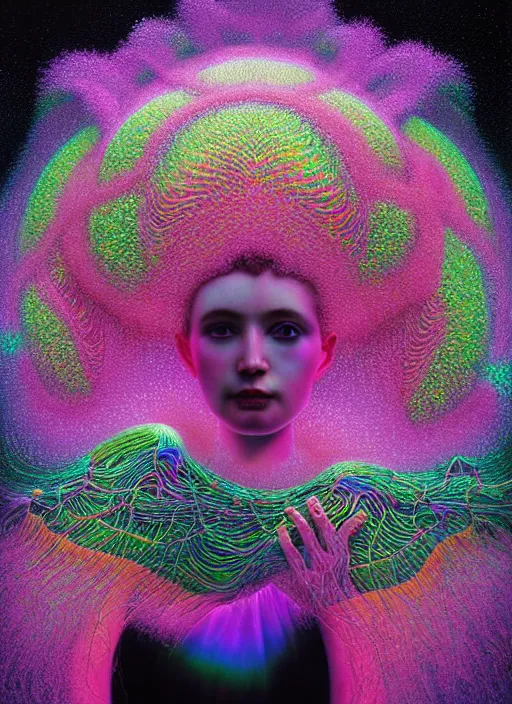 Image similar to hyper detailed 3d render like a Oil painting - Aurora (metallic iridescent rainbow faced goddess) seen Eating of the Strangling network of yellowcake aerochrome and milky Fruit and Her delicate Hands hold of gossamer polyp blossoms bring iridescent fungal flowers whose spores black out the foolish stars by Jacek Yerka, Mariusz Lewandowski, Houdini algorithmic generative render, Abstract brush strokes, Masterpiece, Edward Hopper and James Gilleard, Zdzislaw Beksinski, Mark Ryden, Wolfgang Lettl, hints of Yayoi Kasuma, octane render, 8k