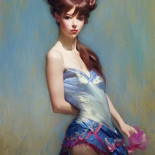 Image similar to a high fashion studio portrait of a cute anime girl, painting by gaston bussiere, craig mullins, j. c. leyendecker