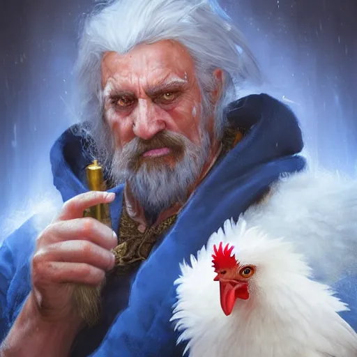 Prompt: a portrait of a wizard with his pet chicken by Johan Grenier and Tony Sart, confused facial expression, blue robe, long white beard, frizzy hair, ArtStation, realistic, detailed