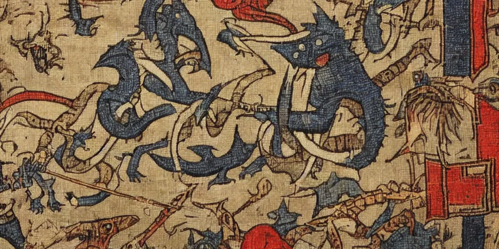 Image similar to Monster Hunter in medieval tapestry, historic