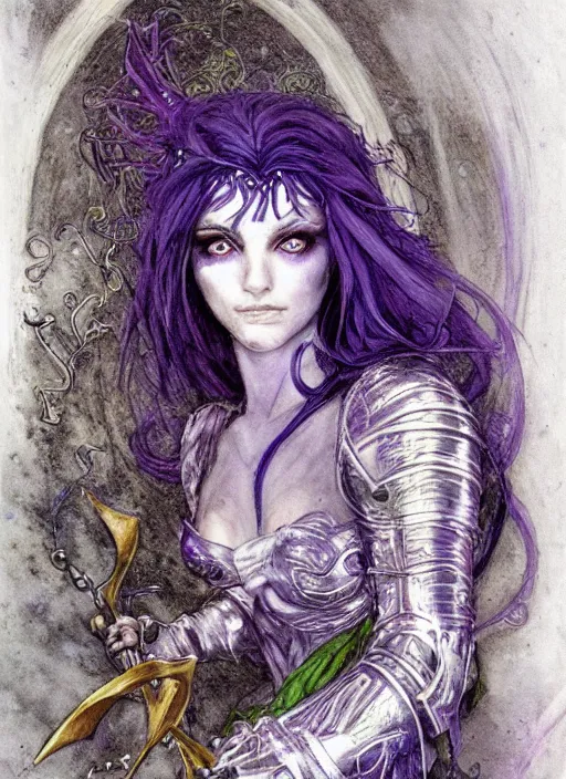 Image similar to portrait of young female sorceress of the endtimes, transluscent skin, silver filigreed armor, lavender hair, beautiful! coherent! dungeons and dragons character, by brian froud, strong line, cool night color, high contrast