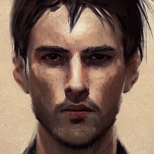 Image similar to portrait of a man by greg rutkowski, he is about 3 0 years old, short black hair with bangs, his features are a mix between french, turkish and russian, very tall and slender, he is wearing a beige and black utility jumpsuit, highly detailed portrait, digital painting, artstation, concept art, smooth, sharp foccus ilustration, artstation hq