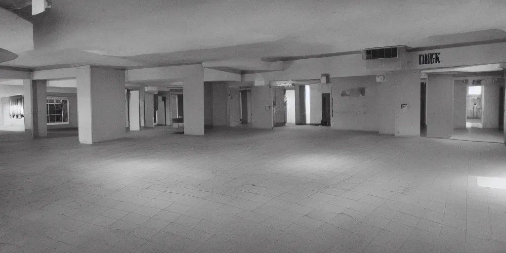 Prompt: a weird place full of people but now empty with eerie feeling, disposable colored camera, camera flash, house, mall, hallway, playground, office, pool, interior, room, full of things