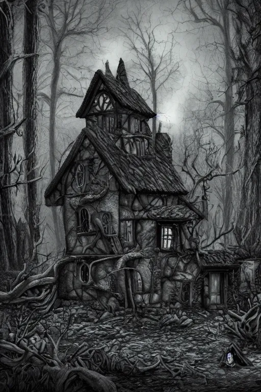 Prompt: a witch's cottage in a dark forest, with several broken statues, gnarled trees, a smoking firepit, HD, 4k, 8k, incredibly detailed, intricate, ominous, masterpiece, digital illustration, trending on artstation