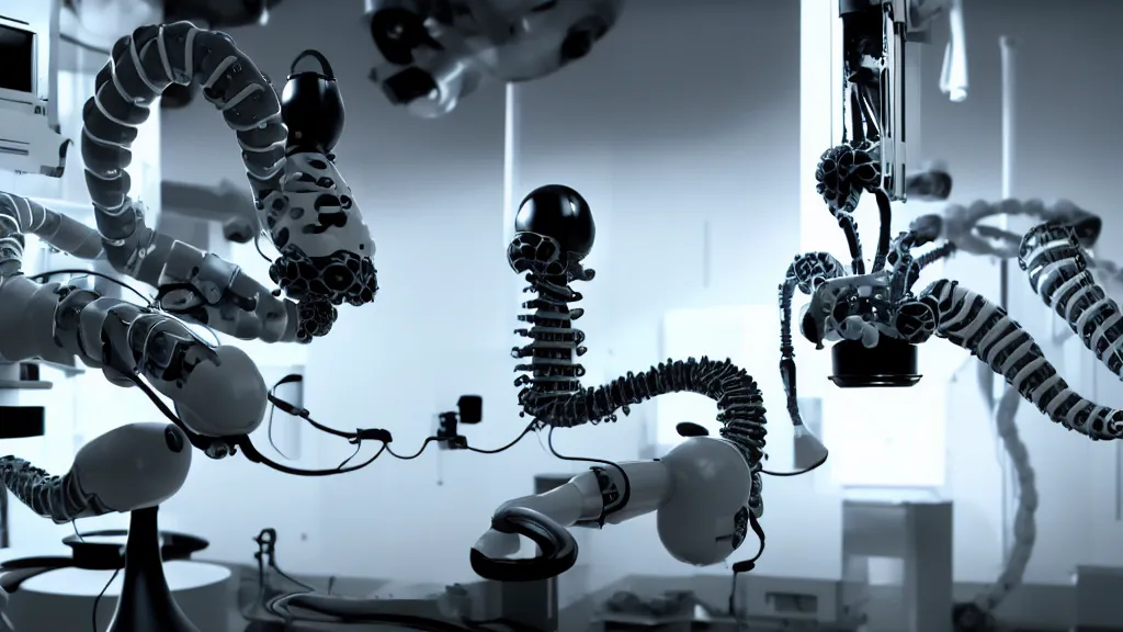 Image similar to a complex bifurcated robotic cnc surgical arm hybrid mri 3 d printer machine making swirling black and white ceramic mandlebulb mutant forms in the laboratory inspection room, film still from the movie directed by denis villeneuve with art direction by salvador dali, wide lens, f 3 2, cinematic lighting, studio quality, smooth render, unreal engine 5 rendered, octane rendered