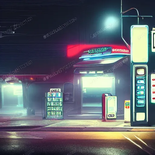 Image similar to a convenience store at a gas station in the dark and misty night, observed from afar in the fog, cyberpunk style ( 2 0 6 0 ), retro futuristic style